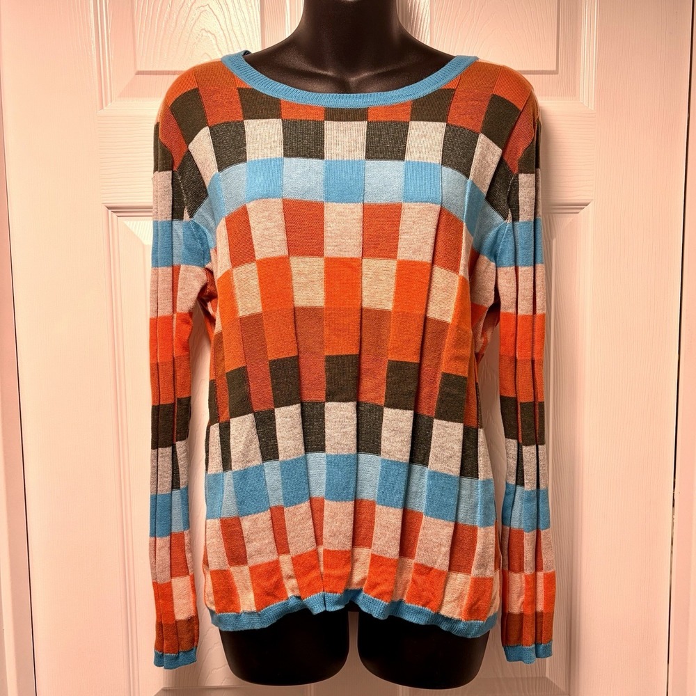 TYLER BOE Cotton Colorblock Ribbed Knit Sweater Womens Large Orange Blue